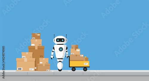 Robot delivers packages by cart; boxes in background on the curb against blue sky