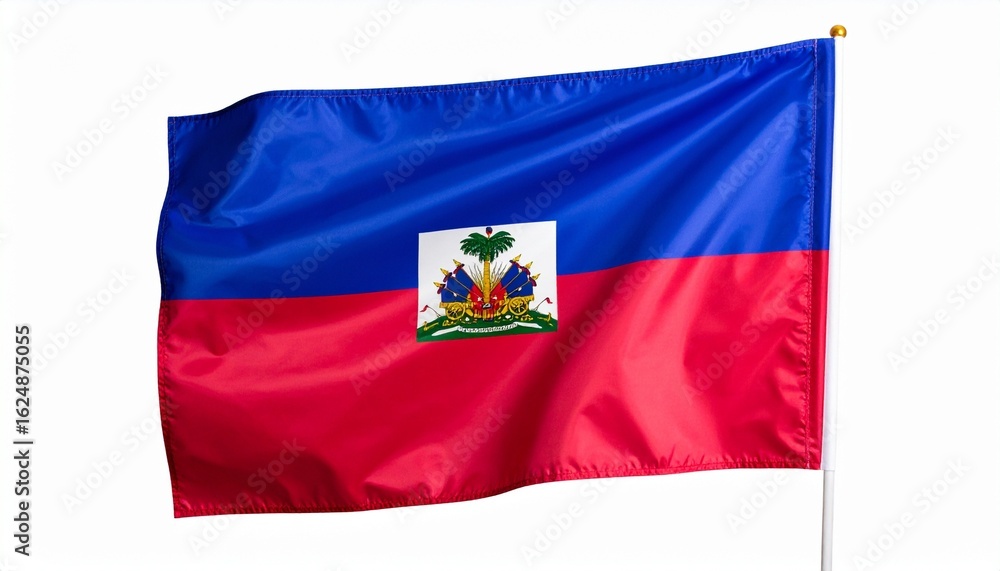 Fototapeta premium Haiti national flag with horizontal blue and red bands and central white panel featuring coat of arms with palm tree, cannons, and motto “L'Union Fait La Force,” symbolizing unity, resilience, and nat