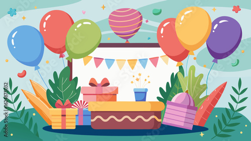 Vector art of joyful birthday gathering featuring a delicious cake, colorful balloons, wrapped gifts, and festive elements, ideal for a happy celebration
