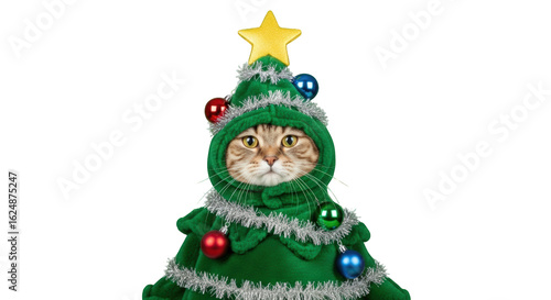An image of cat in christmas tree costume.. The scene includes domestic, playful, humor, surprise, white, adorable, gift, decoration, tabby,