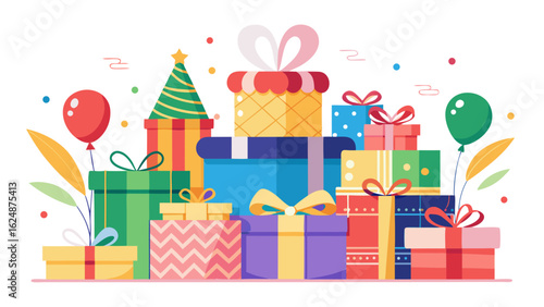 Vector art of a vibrant collection of colorful gift boxes with ribbons and bows, balloons, and festive decorations, isolated on a white background, perfect for celebrations and holidays