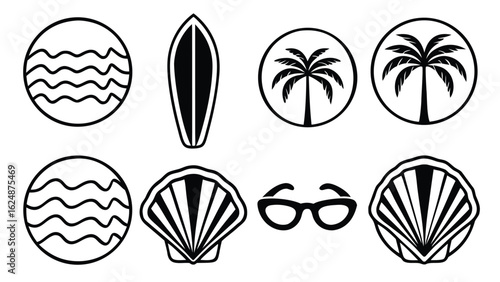 Summer elements Set of oval beach and ocean themed icons with surfboard seashell palm tree clipart silhouette