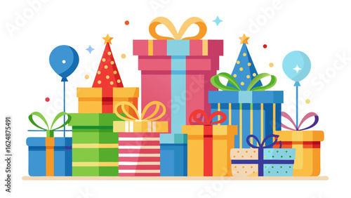 Vector art of an assortment of stacked birthday gift boxes featuring ribbons and bows, accompanied by party hats and balloons, evoking a sense of joy and celebration, isolated on white background