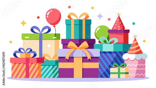Vector art of a vibrant collection of colorful birthday gifts and presents, wrapped with ribbons and bows, isolated on a white background, perfect for celebrations and special occasions