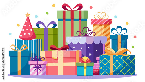 Vector art of an assortment of festive birthday gifts piled together, featuring vibrant colors, ribbons, and bows, isolated on a white background for celebratory designs