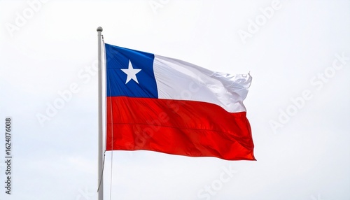 Chilean national flag waving against a light sky, featuring white and red horizontal bands with a blue square and white star, symbolizing honor, sovereignty, and patriotism. Free Download Chilean national flag waving against a light sky, featuring white and red horizontal bands with a blue square and white star, symbolizing honor, sovereignty, and patriotism. - GFXLoad