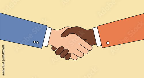 Cartoon interracial handshake for partnership, deal, on plain backdrop use