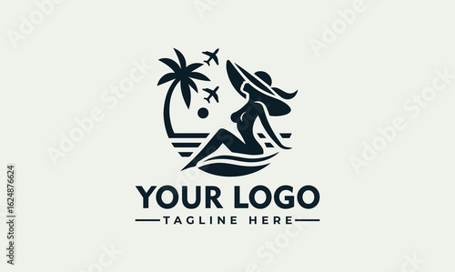 Silhouette logo design of a woman relaxing on a beach with palm trees and airplanes, showcasing a travel theme.