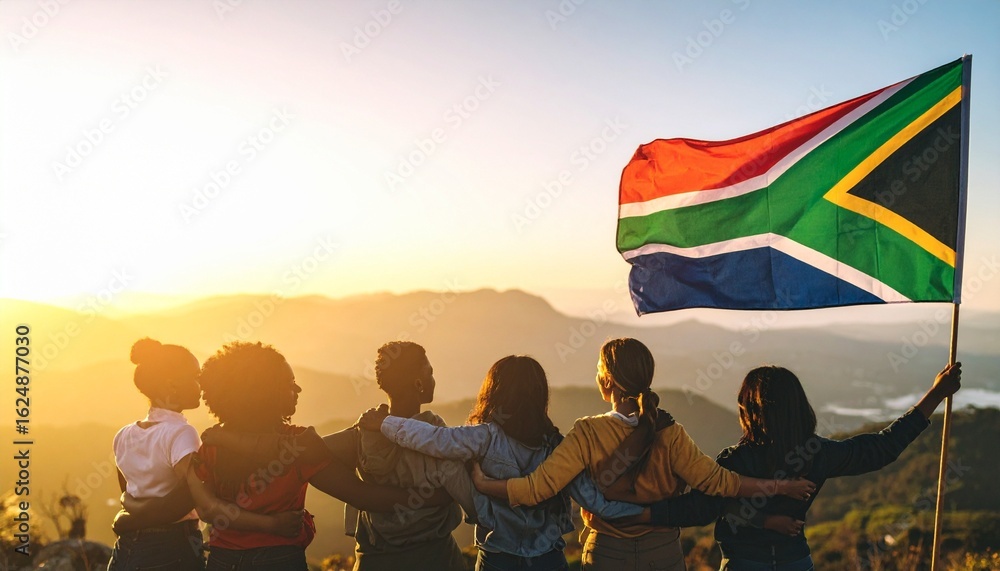 South African flag waving at sunset over a mountainous landscape, symbolizing national pride, unity, and natural beauty.