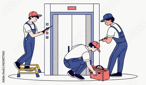 Men repairing elevator. Young guys in uniform near broken elevator. Team of repairmen and handymen. Maintenance workers with tools. Flat vector illustration isolated on white background

