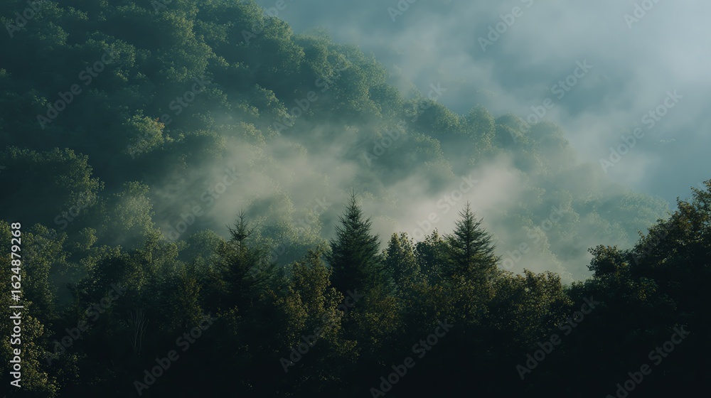 Naklejka premium Mist gently rises over a dense, lush green forest, creating a serene and mystical atmosphere in the early morning light.