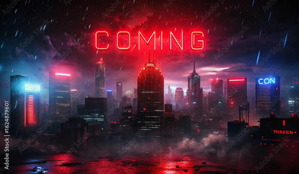 Obraz premium A futuristic cityscape illuminated by vibrant neon lights, featuring tall skyscrapers with a prominent red COMING sign at the top. The scene is enhanced by a moody atmosphere with rain and dark clouds