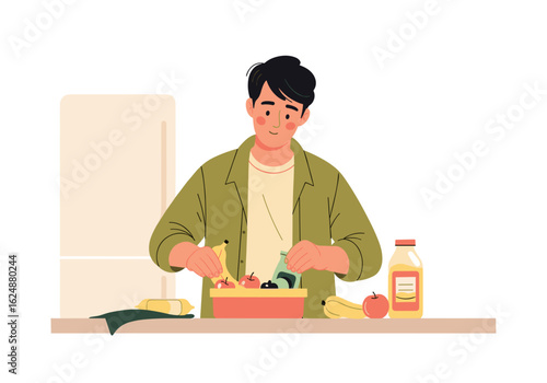 Man preparing healthy meal with fresh fruits and vegetables in kitchen  