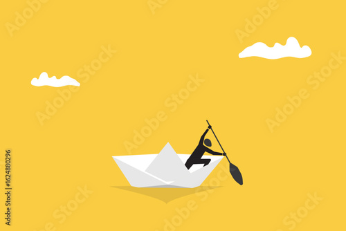 businessman rowing boat sailing on the ocean