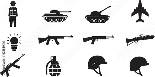 Military Icons Set With Soldier Tank Airplane Rifle Grenade and Helmet Keywords: military, army, war, soldier, combat, tank, armored vehicle, airplane, aircraft, rifle, gun, firearm, grenade