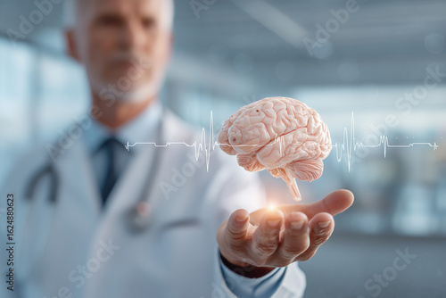 A senior male doctor in a white lab coat holds a holographic 3D brain model, symbolizing advanced neurological care.