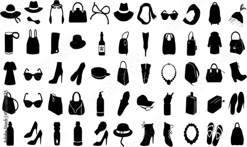 Fashion and clothing accessories silhouette vector icon set on white background, black silhouette illustration.
