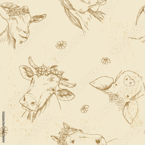 Hand-drawn seamless vintage-style pattern with cow, goat, horse and pig on a light textured background.