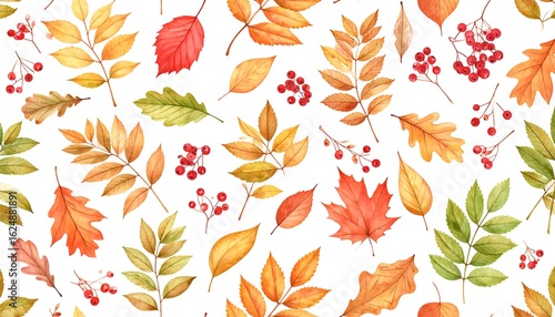 Watercolor Autumn Leaves and Berries Pattern on White Background, Fall Foliage Design