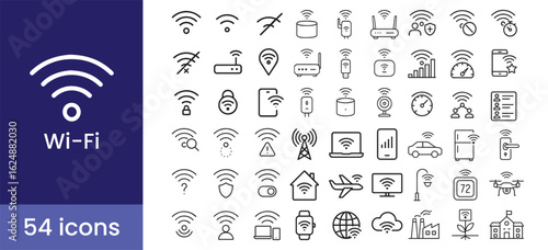 Wi-Fi, Wireless, Network, Connectivity, Internet, Signal, Technology, Devices, Smart, and IoT icon set with 54 line style illustrations for modern communication and digital integration