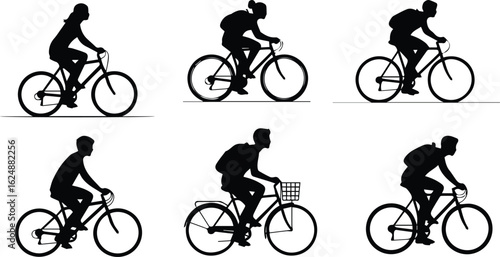  collection of cyclists riding bicycles in silhouette isolated on white background