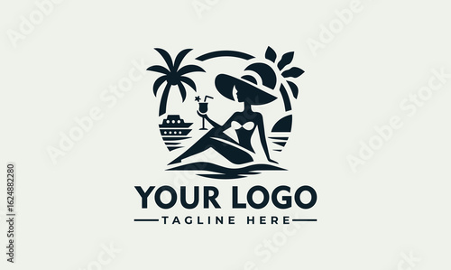 Silhouette logo of a woman relaxing on a beach with a cocktail, tropical elements, and a cruise ship.