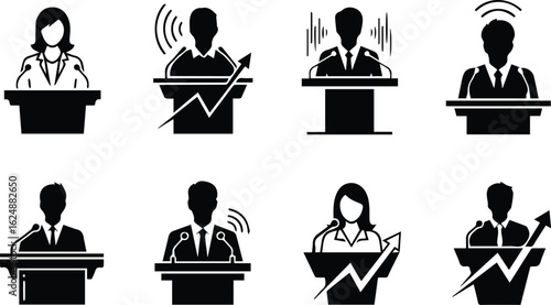  collection of icons depicting speakers at podiums, some with graphs indicating growth, isolated on white background