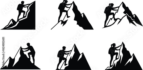  set of icons illustrating climbers ascending mountains, representing challenge and achievement, isolated on white background