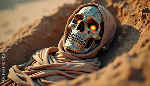 Metallic skull eerie with glowing orange eyes representing mystery