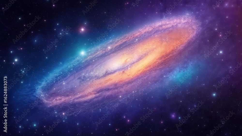 Fototapeta premium A vibrant spiral galaxy, swirling with hues of purple, orange, and blue, set against a backdrop of twinkling stars