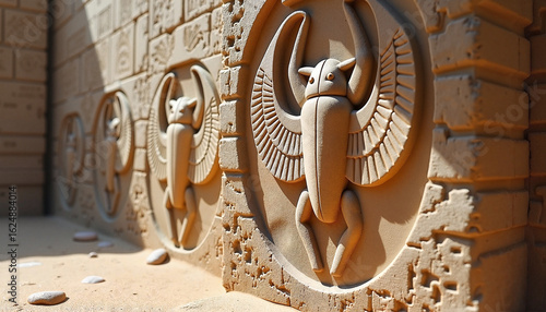 Ancient Egyptian Scarab Relief Textured Sandy Beige with Symbolic Engravings Against Masonry Wall