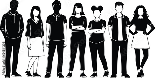  diverse group of people standing together in casual clothing, isolated on white background