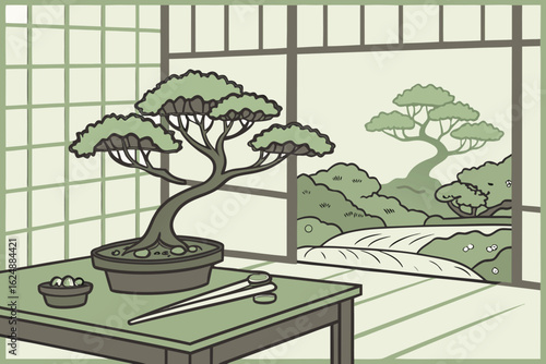 Illustration of a bonsai tree in a pot on a table with pruning shears and a landscape view outside the window