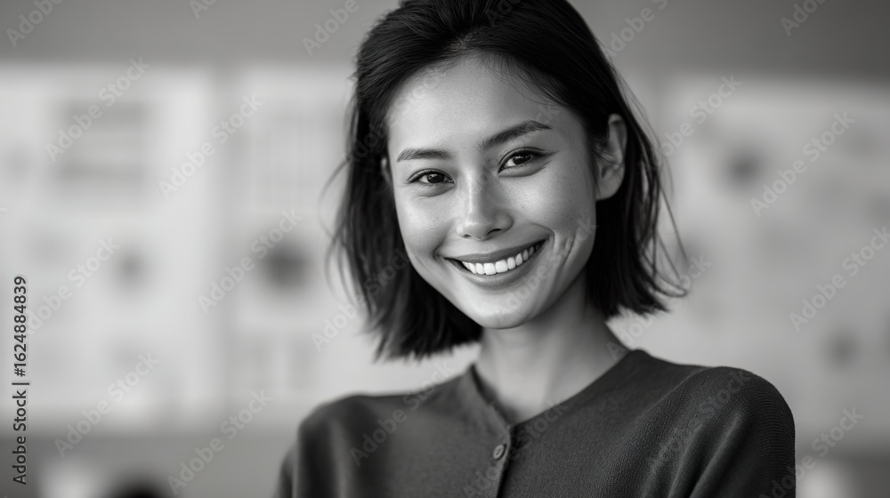 Fototapeta premium Captivating Smile of Asian Woman: A stunning black and white portrait of an Asian woman, radiating joy and serenity. A portrait of inner beauty and happiness. 