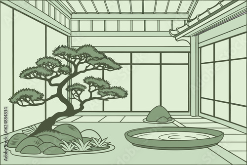 Illustration of a japanese garden with a bonsai tree rocks and a water basin inside a building with windows