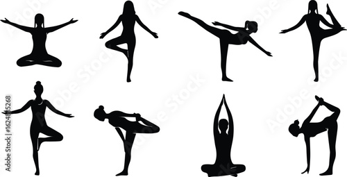  collection of eight yoga poses demonstrated by a silhouette of a woman, isolated on white background