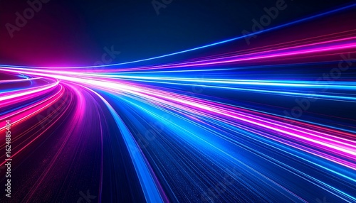 Speeding streaks of vibrant blue and pink light blur through the dark in a dynamic, forward motion