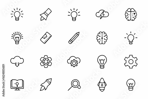 A bright and energetic collection of minimalist line icons capturing the spark of new ideas and creative thinking. Ideal for brainstorming sessions, innovation workshops, and creative portfolios