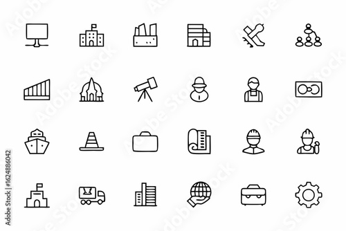 A structured icon set illustrating the corporate and industrial sectors of society. Great for economic reports, business education, and industrial analysis