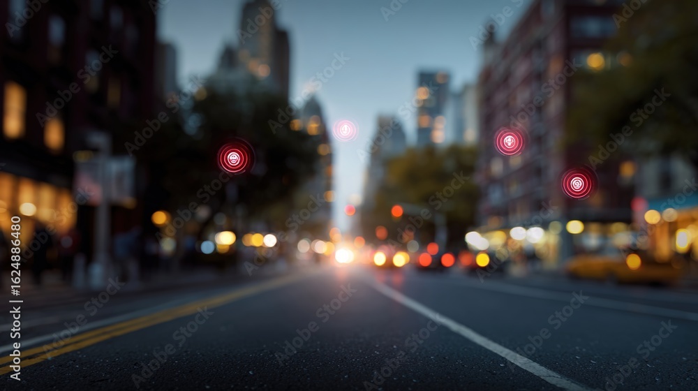 Fototapeta premium City Street at Dusk: A blurred image of a bustling city street at dusk, with buildings and lights. Capturing the dynamic atmosphere of urban life, lights.