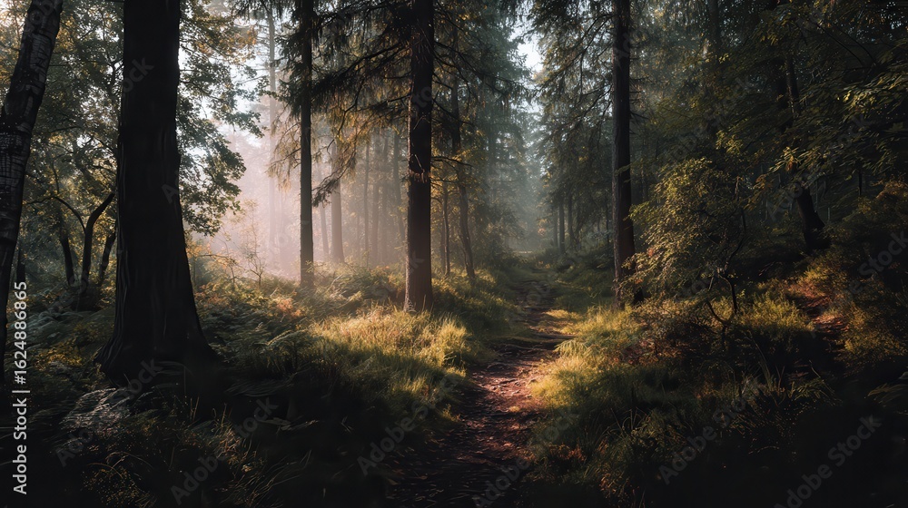 Naklejka premium Misty morning in a serene forest trail surrounded by lush greenery and soft sunlight filtering through the trees