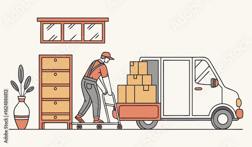 Courier help with moving. Loader with things near truck. Relocation and imigration, transportation. Van with furniture and parcels. Wooden cabinet and ceramic vase. Flat vector illustration