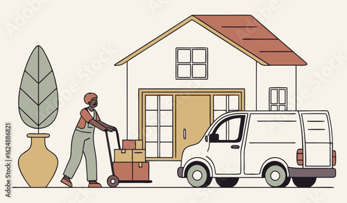 Courier help with moving. Loader with things near truck. Relocation and imigration, transportation. Van with furniture and parcels. Wooden cabinet and ceramic vase. Flat vector illustration