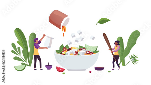 People preparing a salad with feta cheese, olives, and greens, adding dressing and stirring with a spoon