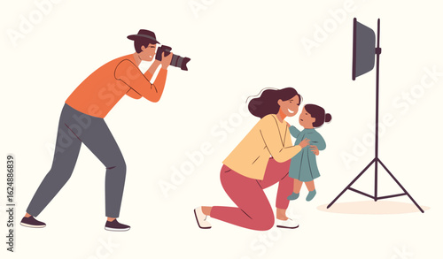 Family photo shoot. Photographer and paparazzi take photo of man and woman with child. Parents with baby in photo studio. Flat vector illustration isolated on white background 

