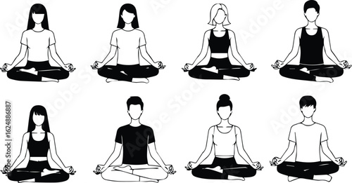  group of people meditating in a yoga pose, representing peace, wellness, and inner balance, isolated on white background