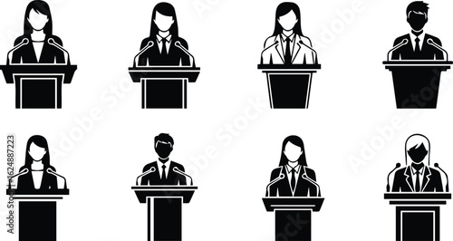  set of speakers at podiums giving speeches, isolated on white background