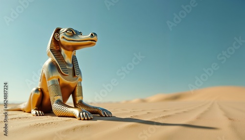 Stylized Golden Crocodile-Dog Statue Majestic in Desert