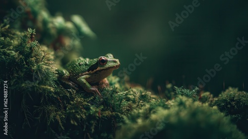 Colorful green frog seated on moss among foliage in a serene forest setting during twilight