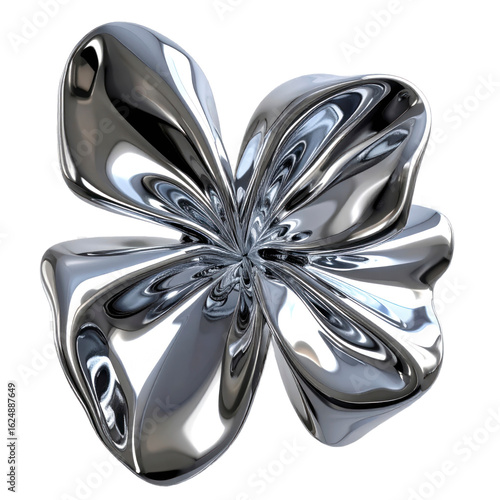 Abstract Chrome Flower With Reflective Surfaces Isolated Against Transparent Background